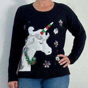 Christmas Unicorn Jingle Bells Tinsel Sequins Ugly Sweater Plus Size 1X Black